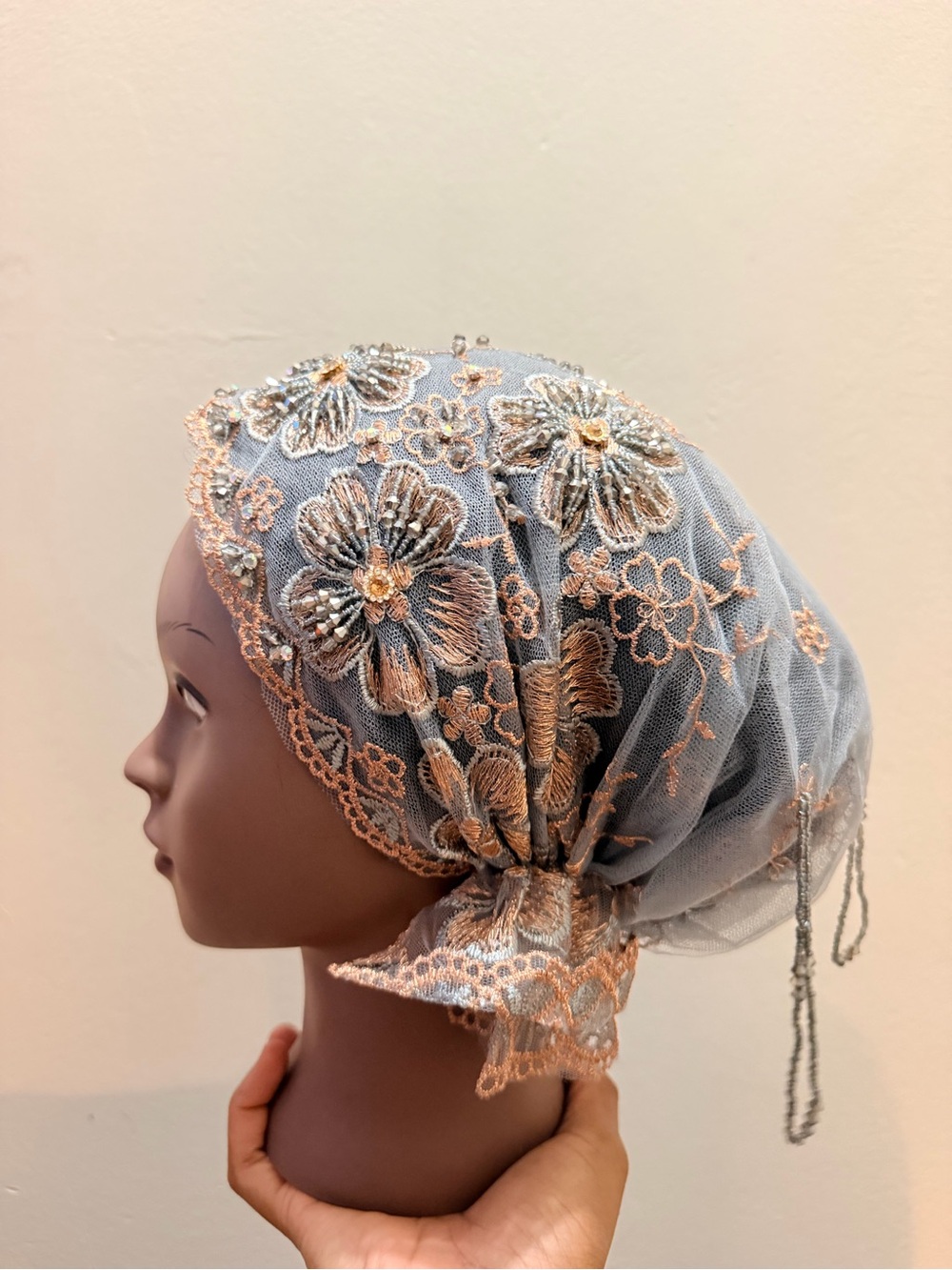 Embroidered Floral Lace Headscarf in Light Gray and Champagne